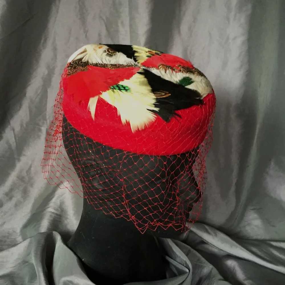 Pillbox Feathered Hat with Netting Veil - image 3