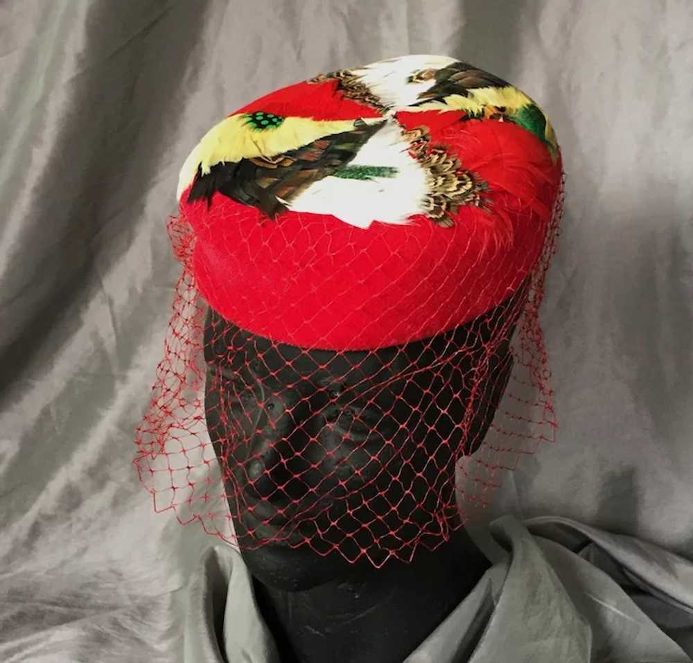 Pillbox Feathered Hat with Netting Veil - image 4