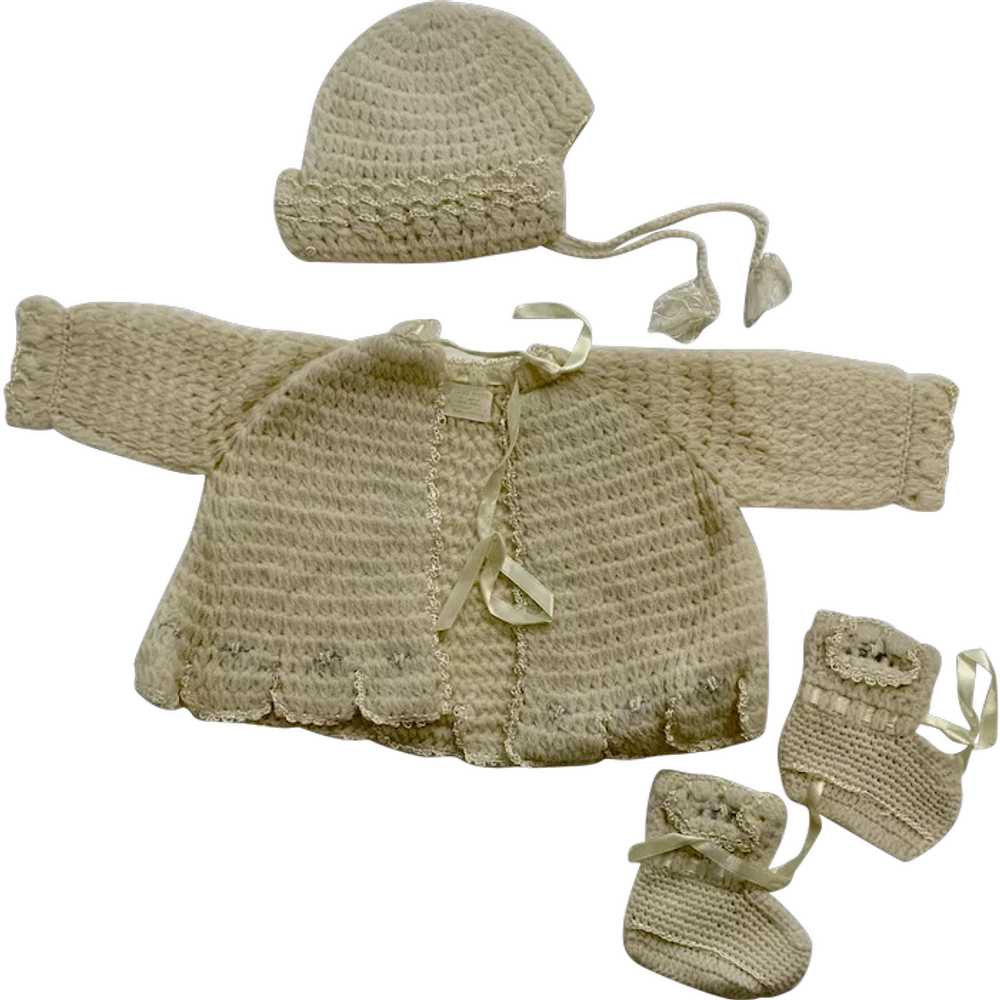 1961 Cream Crochet Knitted Baby Layette Set Sweat… - image 1