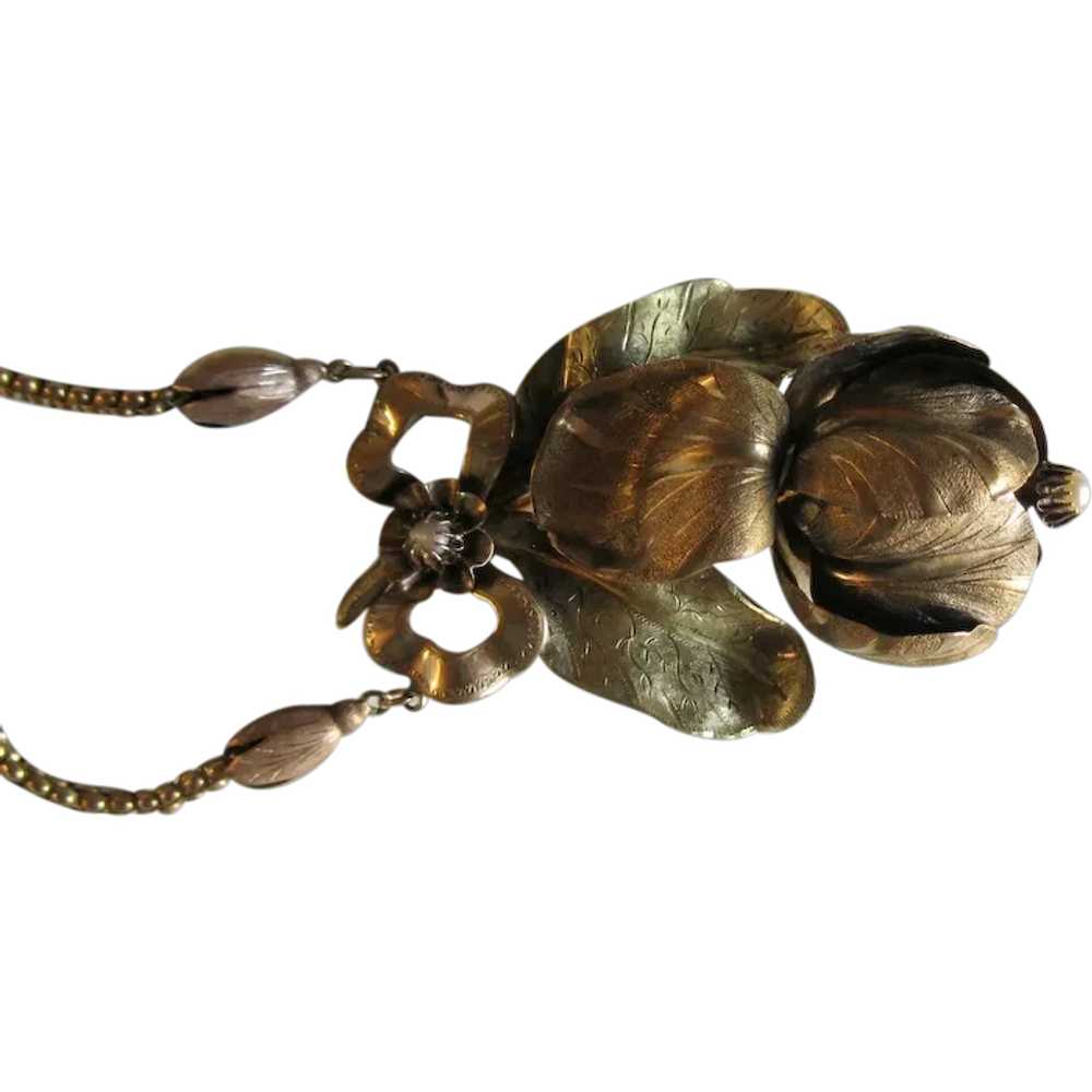 Antique Victorian Gilt Orchid Necklace - image 1