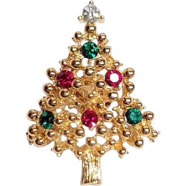 Gold Tone Red Green Rhinestone Christmas Tree Lap… - image 1