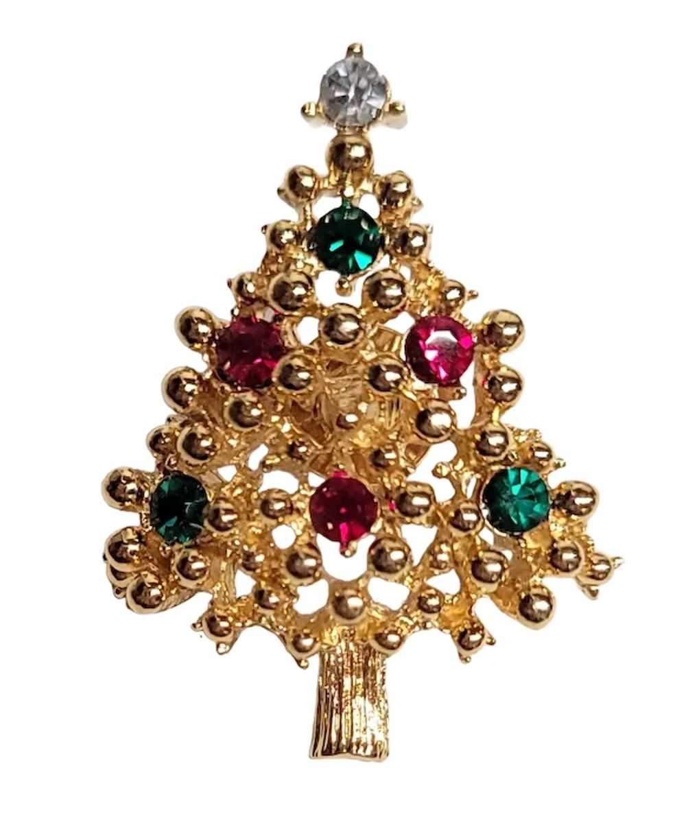 Gold Tone Red Green Rhinestone Christmas Tree Lap… - image 6