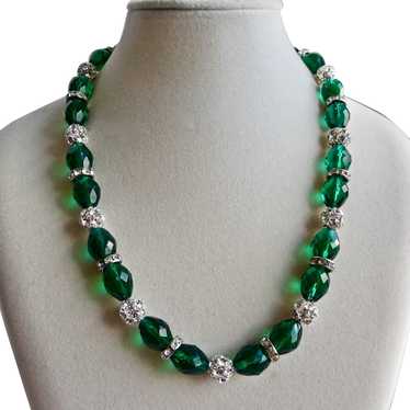 Necklace of Emerald Green Faceted Glass and Cryst… - image 1