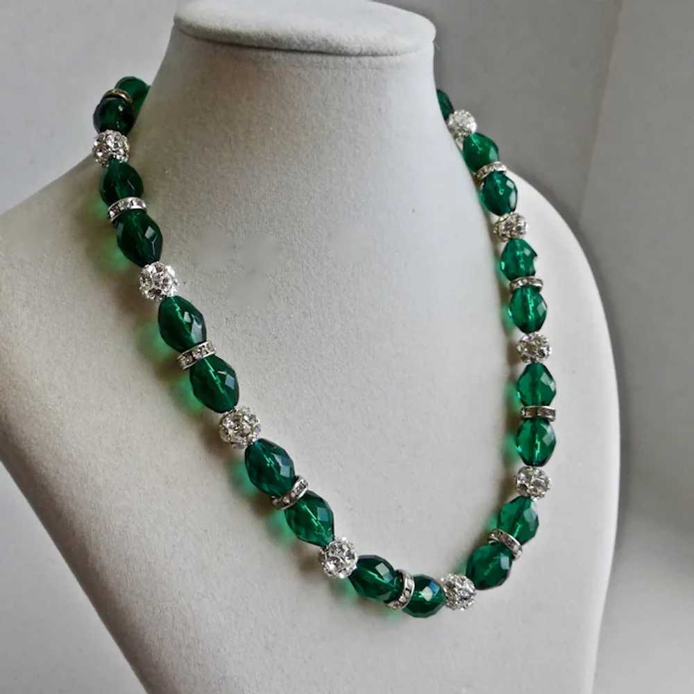 Necklace of Emerald Green Faceted Glass and Cryst… - image 2
