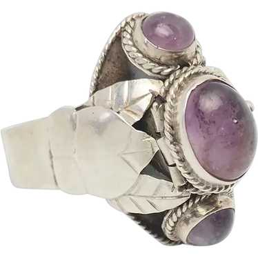 Old open band sterling silver amethyst ornate Poi… - image 1