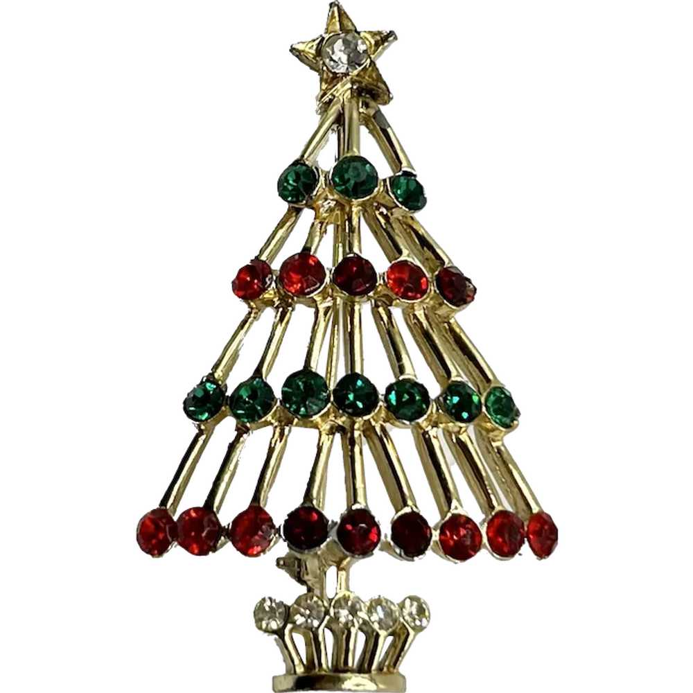Red Green Rhinestone Holiday Christmas Tree Vinta… - image 1