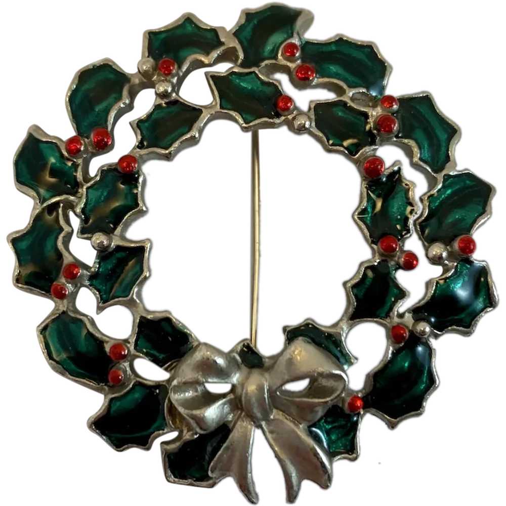 Christmas Holly Wreath Pin Enamel and Pewter - image 1
