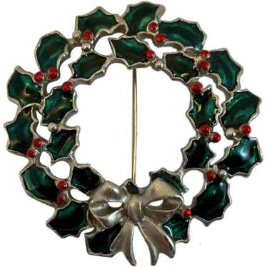 Christmas Holly Wreath Pin Enamel and Pewter - image 1