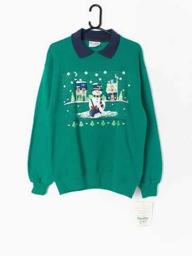Vintage Christmas novelty sweater green with snowm