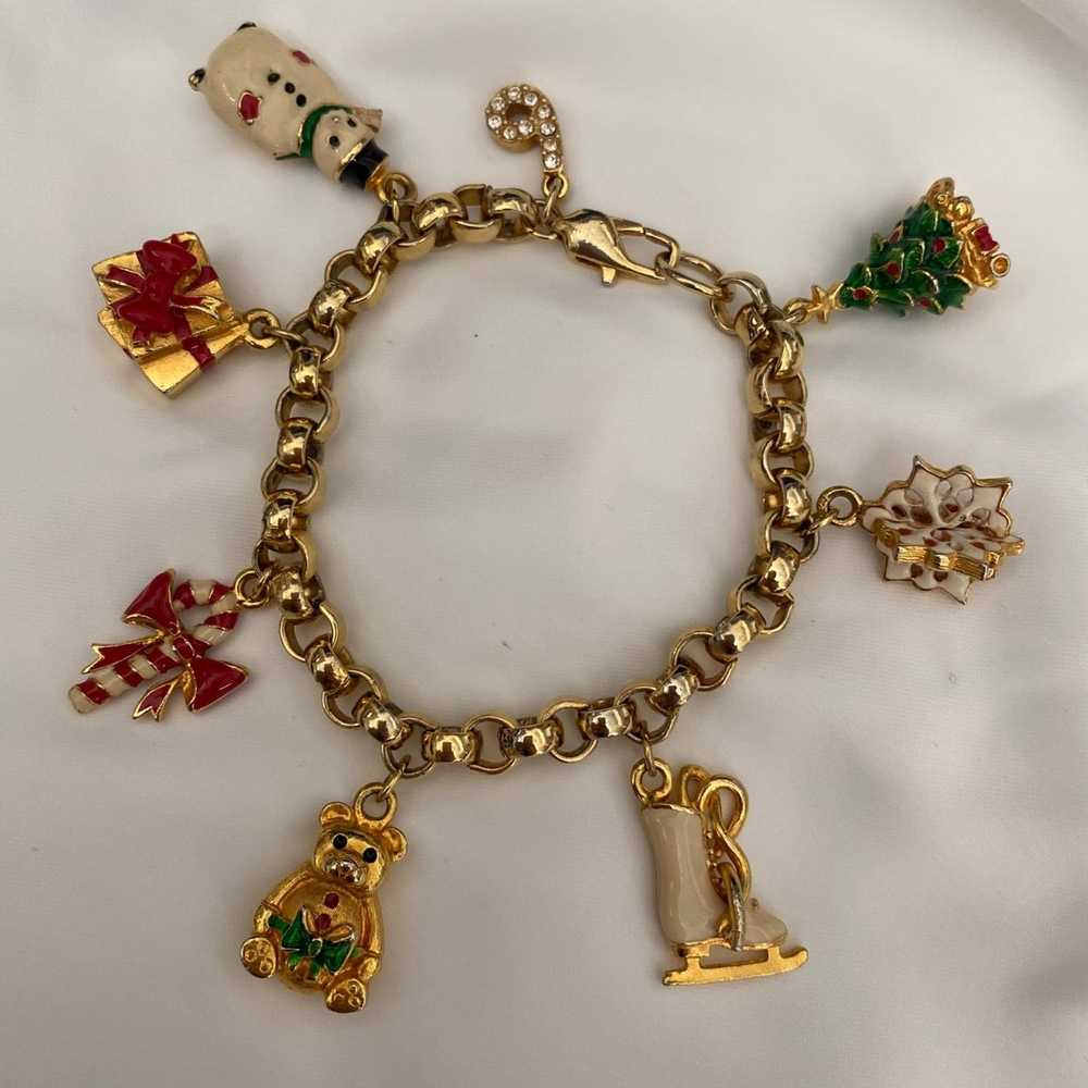 Vintage Gold Christmas themed enamel charm bracel… - image 1