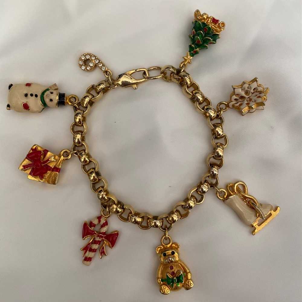 Vintage Gold Christmas themed enamel charm bracel… - image 2