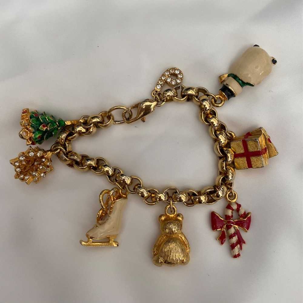 Vintage Gold Christmas themed enamel charm bracel… - image 3