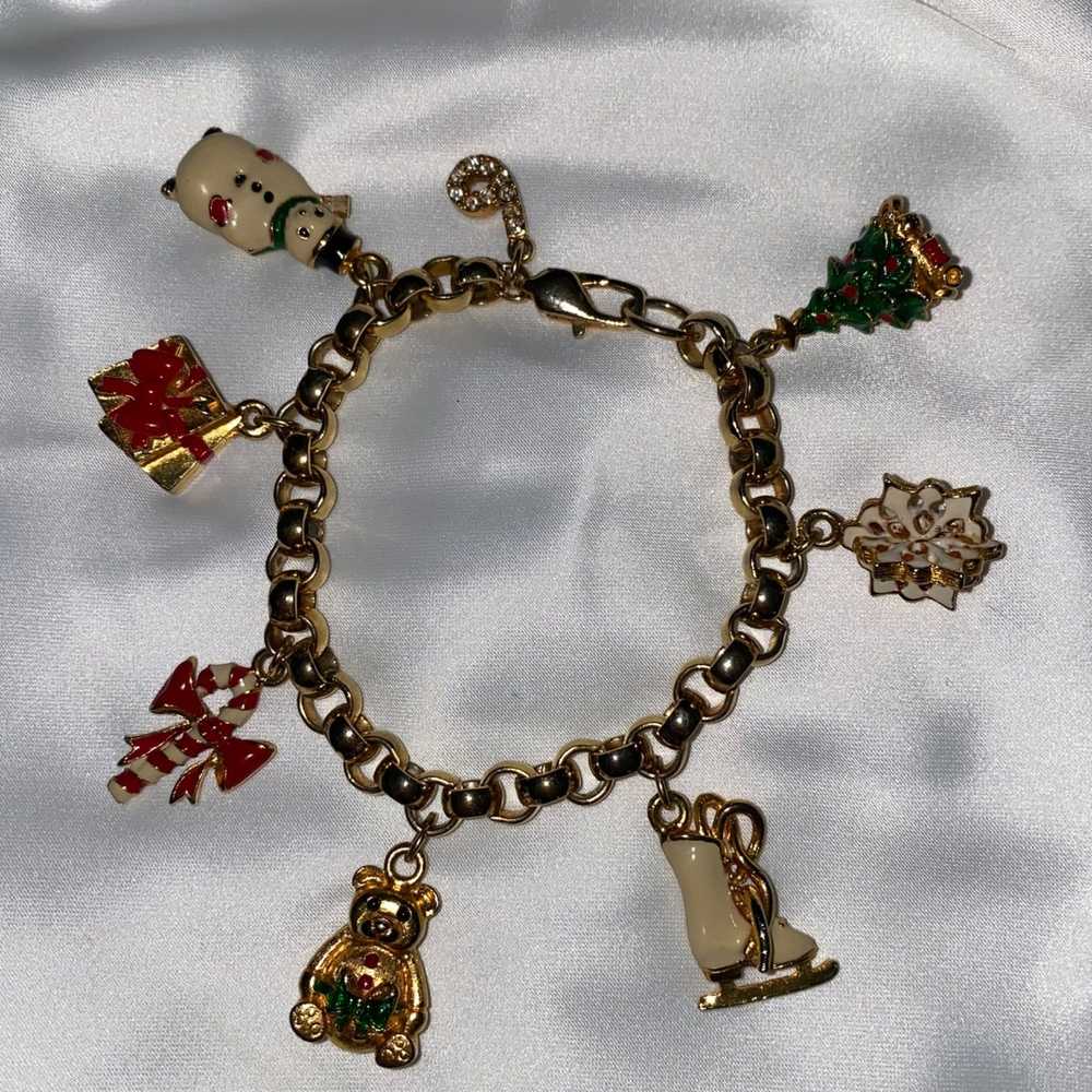 Vintage Gold Christmas themed enamel charm bracel… - image 4