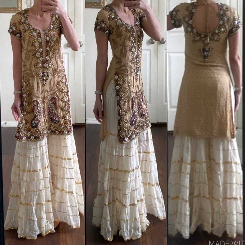 Handmade Indian nude tan gold embroidered beaded … - image 1