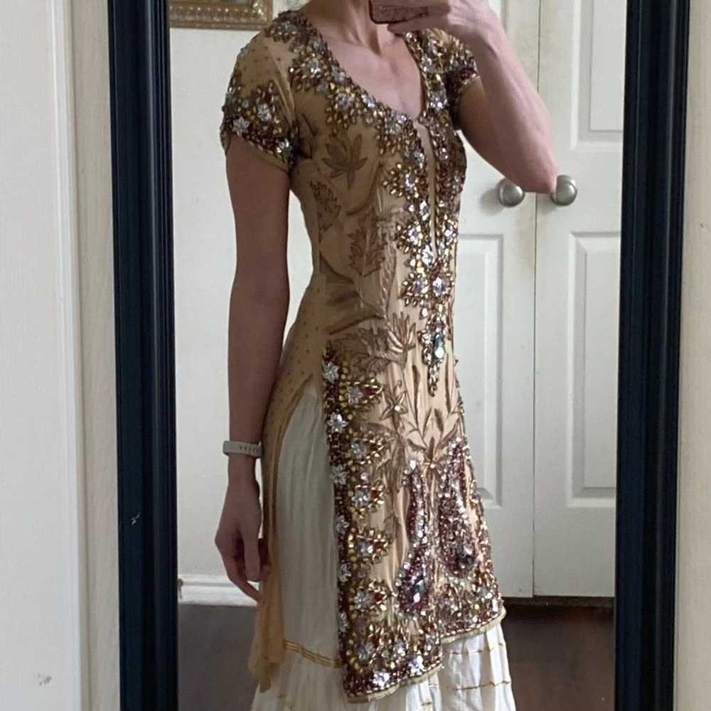 Handmade Indian nude tan gold embroidered beaded … - image 3