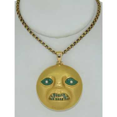 Oversized 18K Moon Face Pendant with Malachite & … - image 1