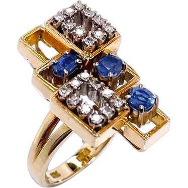 Natural Ceylon Blue Sapphire Diamond Ring 14K Yel… - image 1