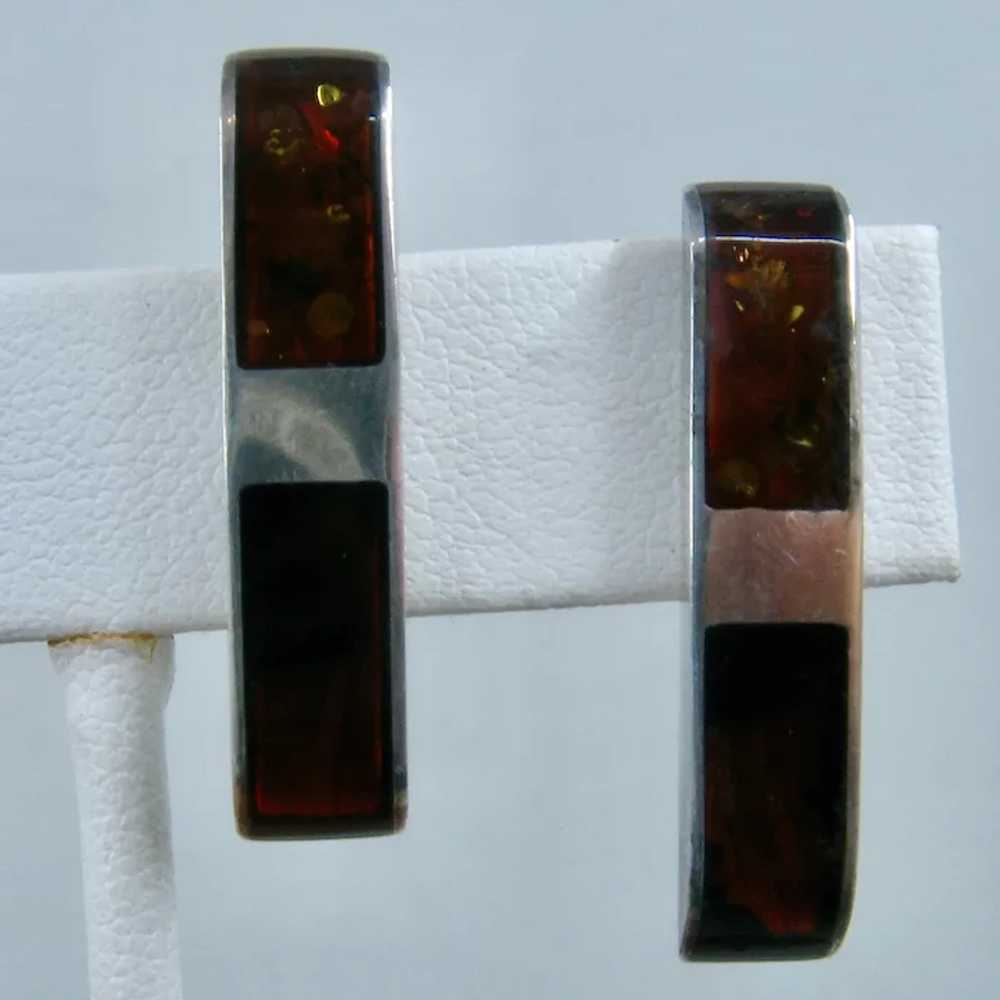 Long Rectangular Red Amber Sterling Post Earrings - image 2
