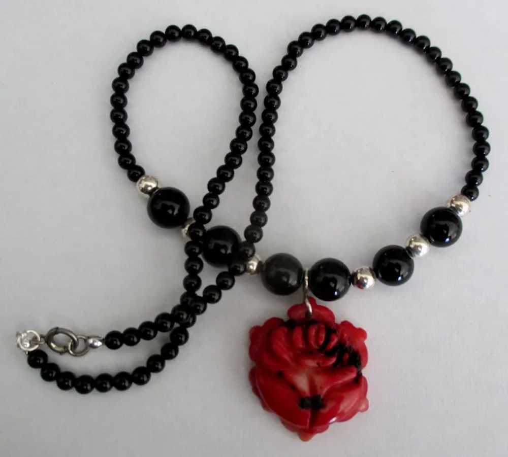 Vintage Carved Coral Rose Onyx Sterling Bead Neck… - image 2