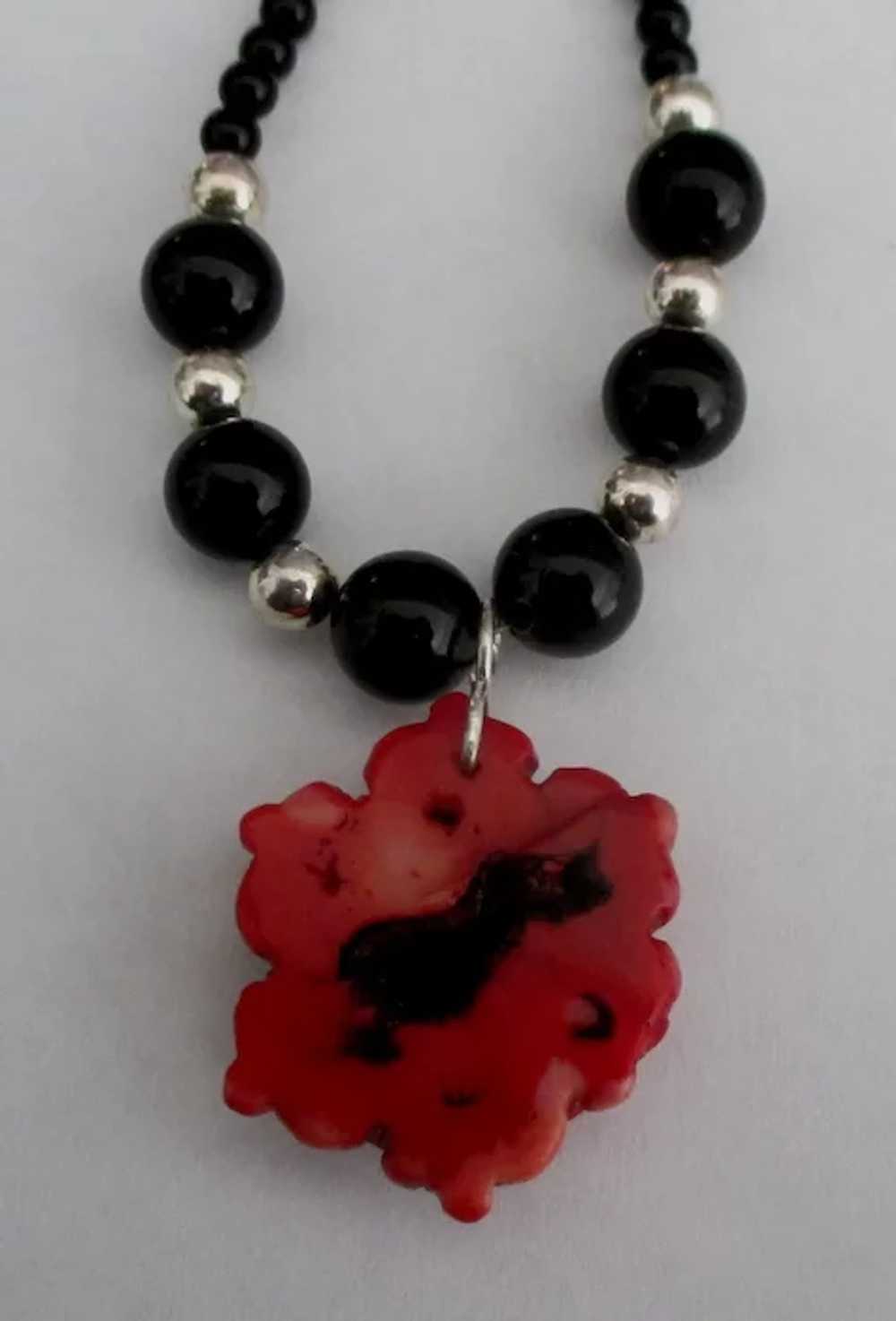 Vintage Carved Coral Rose Onyx Sterling Bead Neck… - image 3