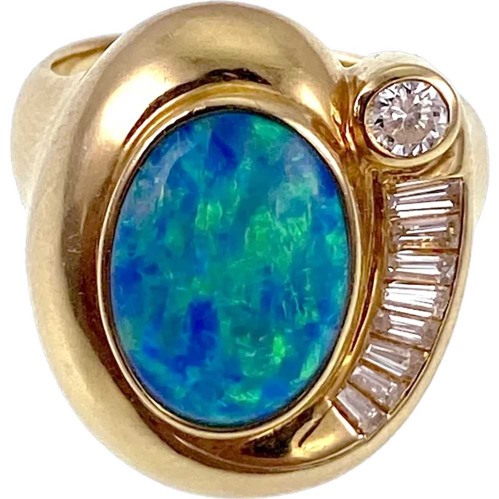 Vintage 18K, Black Opal & Diamond Ring - image 1