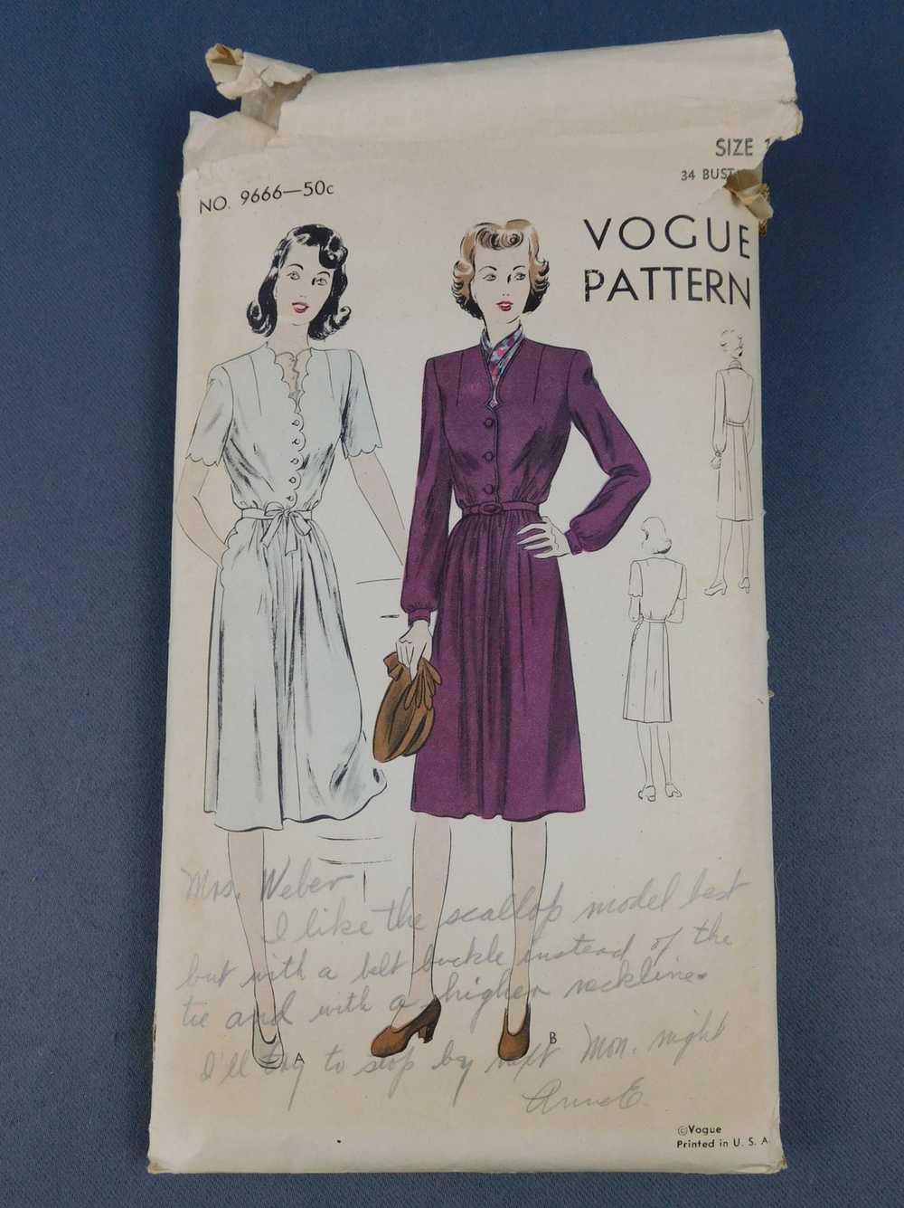 Vintage 1940s Dress Pattern Vogue 9666, 34 bust - image 2
