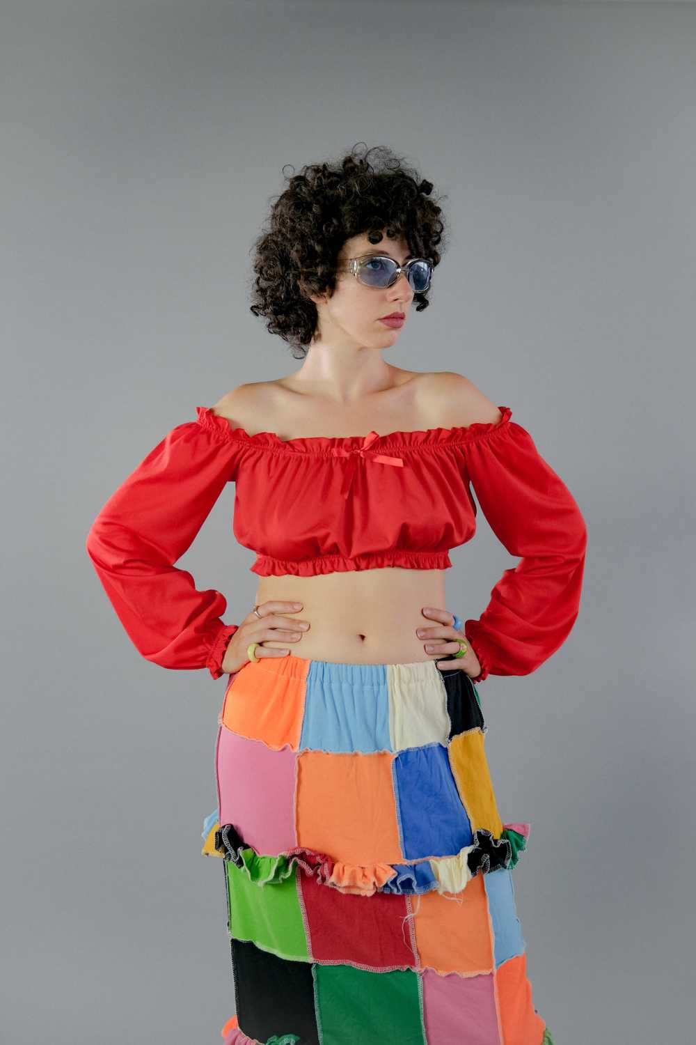 Off Shoulders Ruched Crop Top - Candy Red - image 10