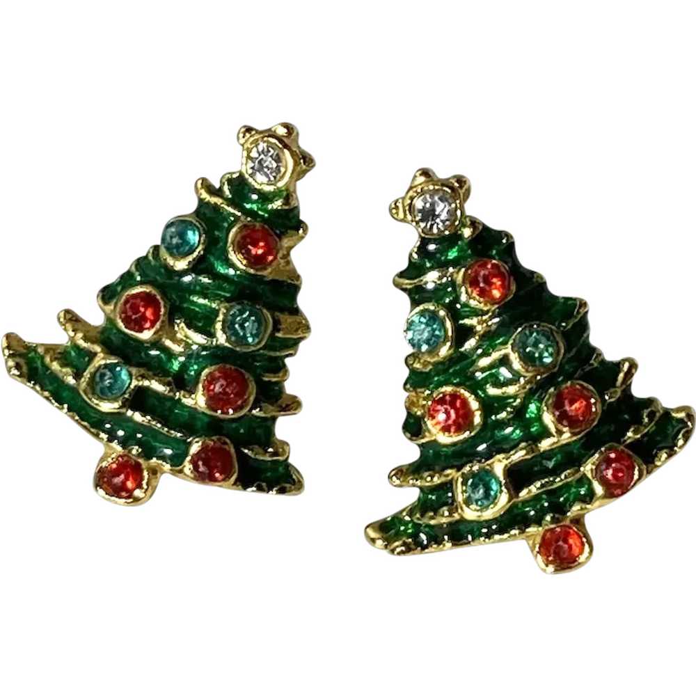 Dainty Christmas Tree Enamel and Rhinestone Earri… - image 1