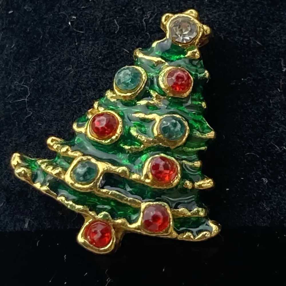 Dainty Christmas Tree Enamel and Rhinestone Earri… - image 2