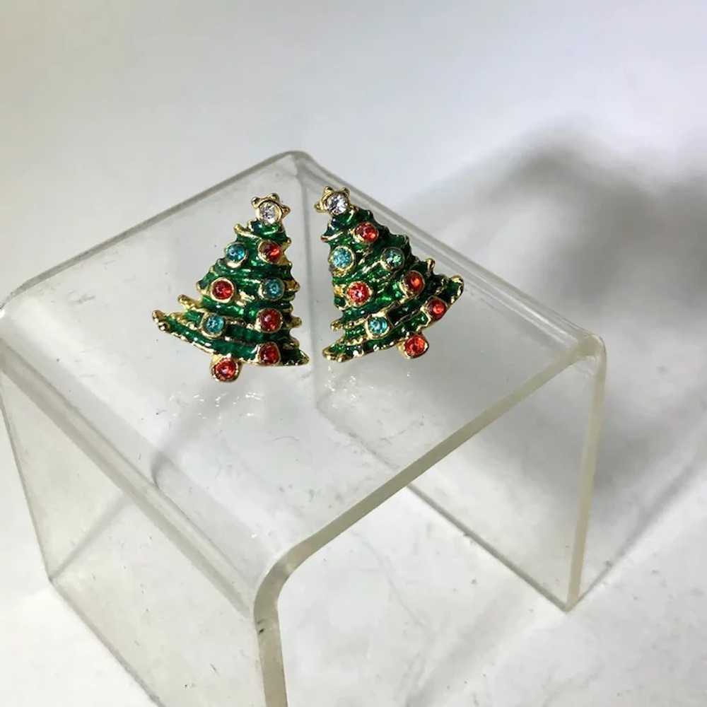 Dainty Christmas Tree Enamel and Rhinestone Earri… - image 4
