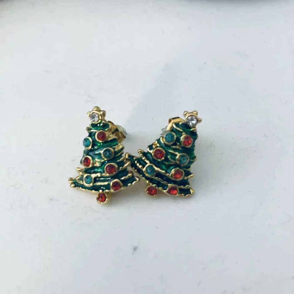 Dainty Christmas Tree Enamel and Rhinestone Earri… - image 6