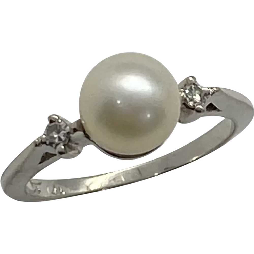 Classic 7 mm Cultured Pearl and Diamond Ring 14K … - image 1