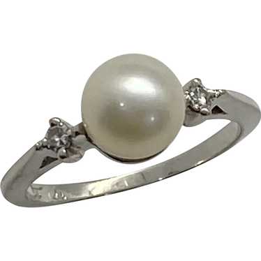 Classic 7 mm Cultured Pearl and Diamond Ring 14K … - image 1