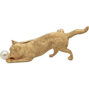 14k Yellow Gold Cat & Pearl Brooch - 7.5g - image 1