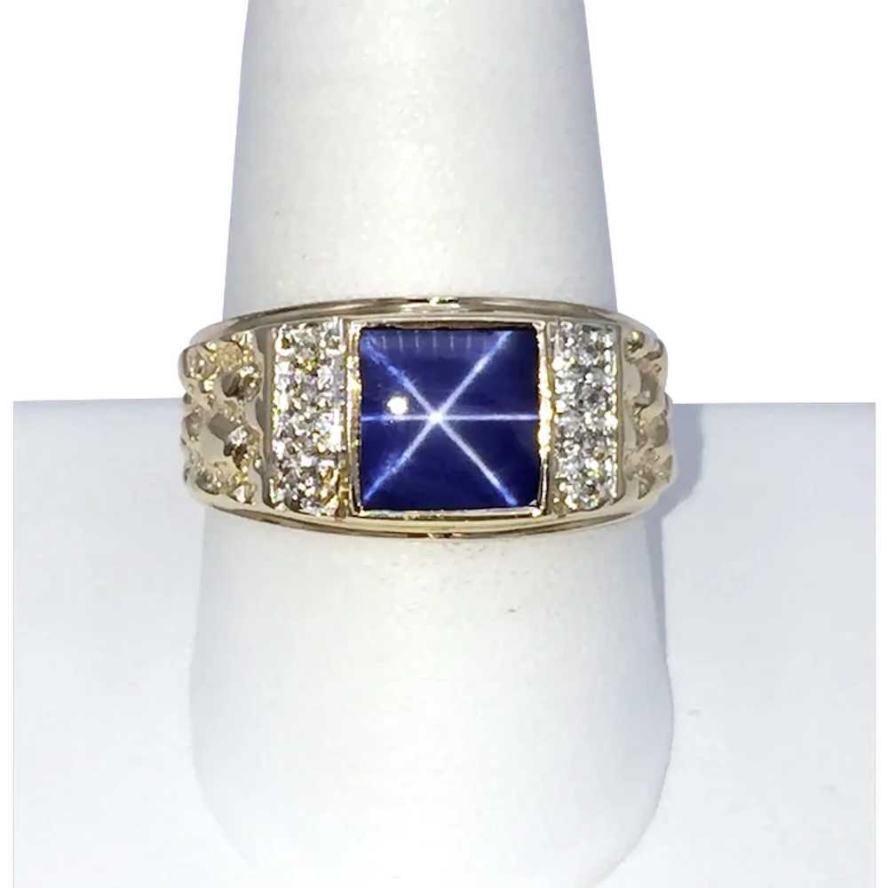 14K Men's Star Sapphire & Diamond Ring - image 1