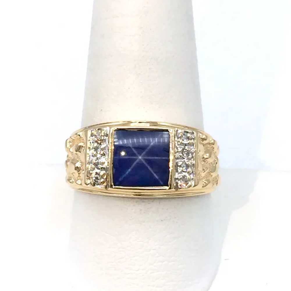 14K Men's Star Sapphire & Diamond Ring - image 2