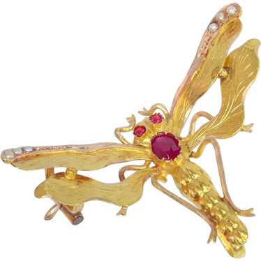 Vintage antique Victorian insect brooch with rubi… - image 1