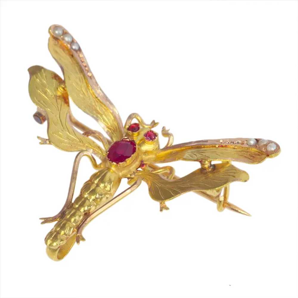 Vintage antique Victorian insect brooch with rubi… - image 2