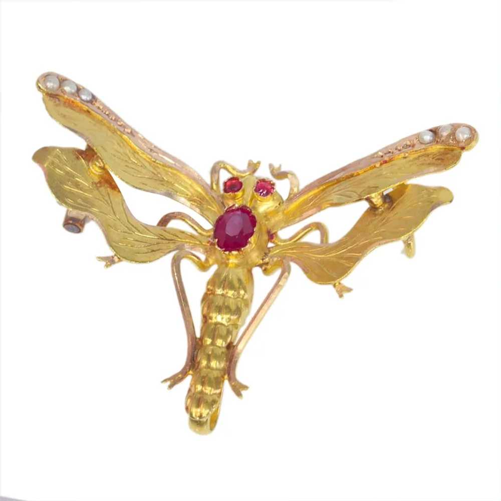 Vintage antique Victorian insect brooch with rubi… - image 3