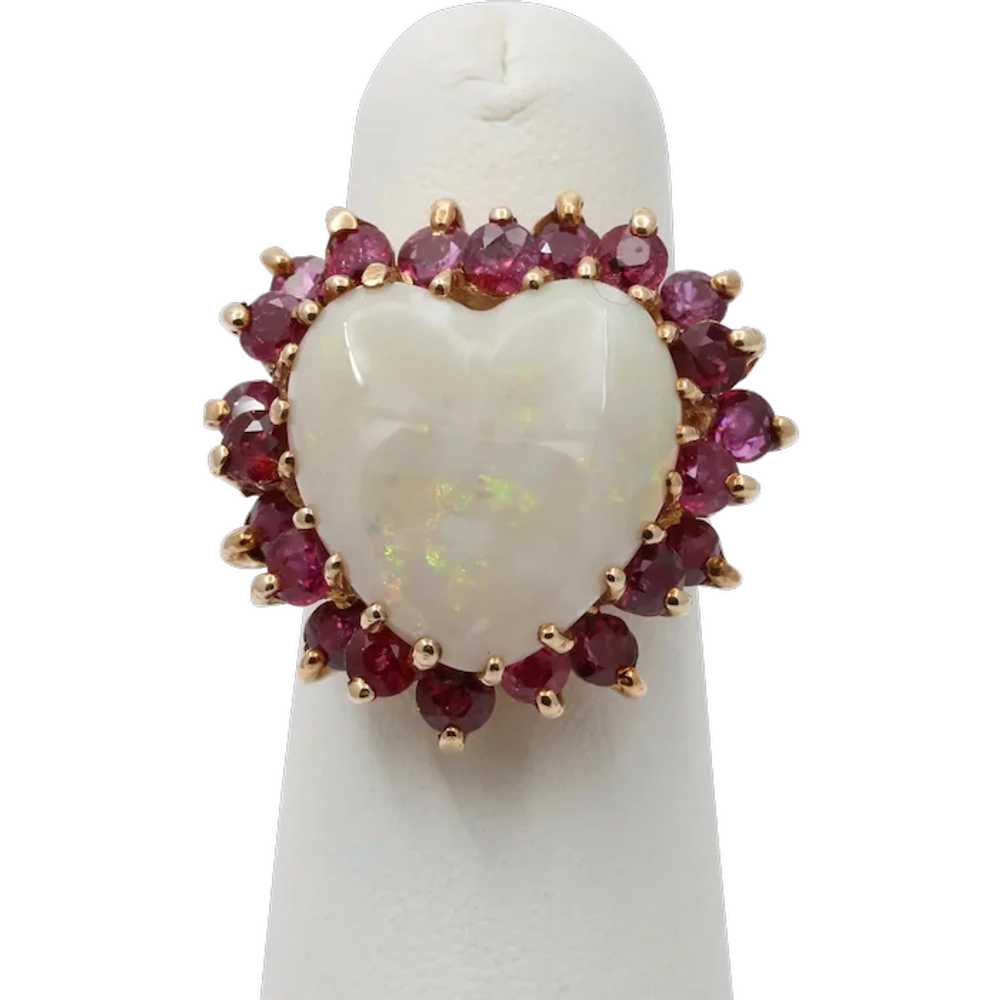 Vintage 14K Gold Heart Opal & Ruby Halo Ring. - image 1