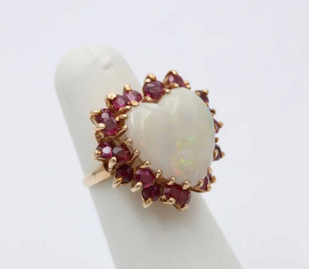 Vintage 14K Gold Heart Opal & Ruby Halo Ring. - image 2