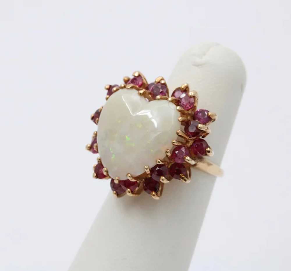 Vintage 14K Gold Heart Opal & Ruby Halo Ring. - image 3