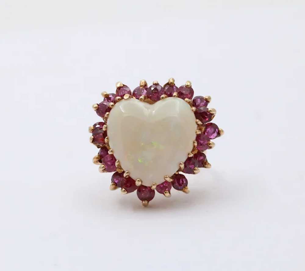 Vintage 14K Gold Heart Opal & Ruby Halo Ring. - image 4