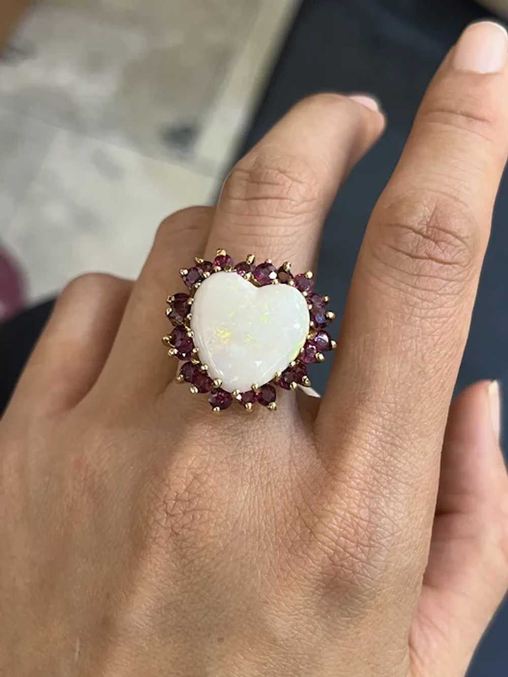 Vintage 14K Gold Heart Opal & Ruby Halo Ring. - image 9