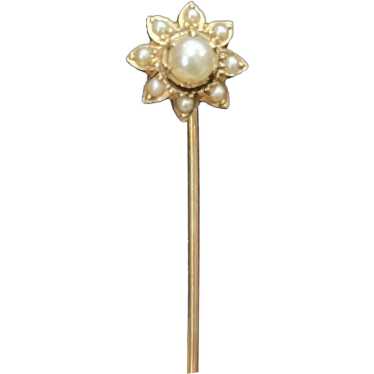 Antique 14K Yellow Gold Pearls Flower Stick Pin - image 1