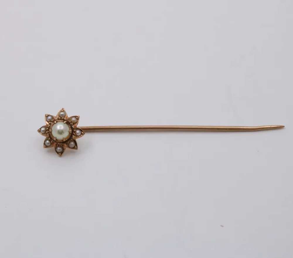 Antique 14K Yellow Gold Pearls Flower Stick Pin - image 3