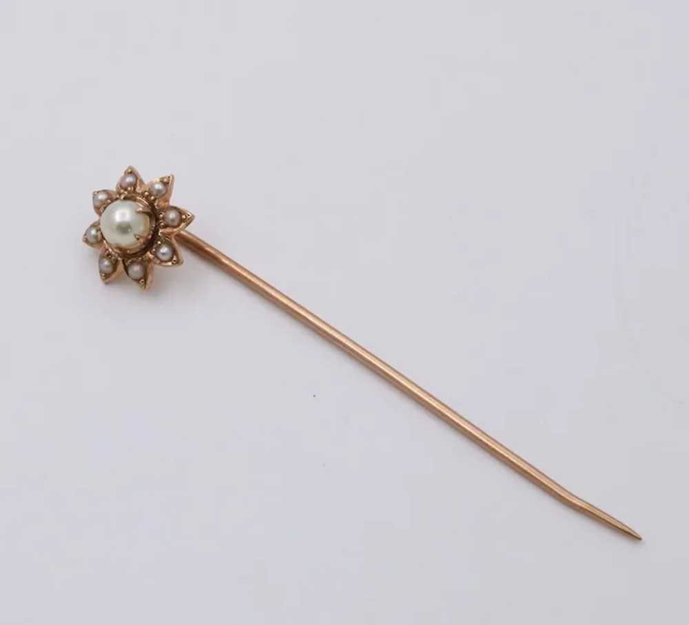 Antique 14K Yellow Gold Pearls Flower Stick Pin - image 4