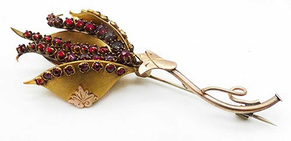 Victorian 10K Gold and Brass Garnet Flower Brooch - image 2