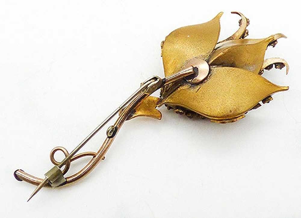 Victorian 10K Gold and Brass Garnet Flower Brooch - image 3