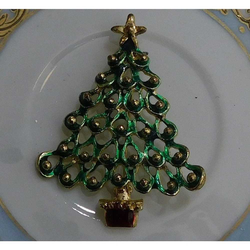 Other Vintage Green And Gold Christmas Tree Brooch - image 4